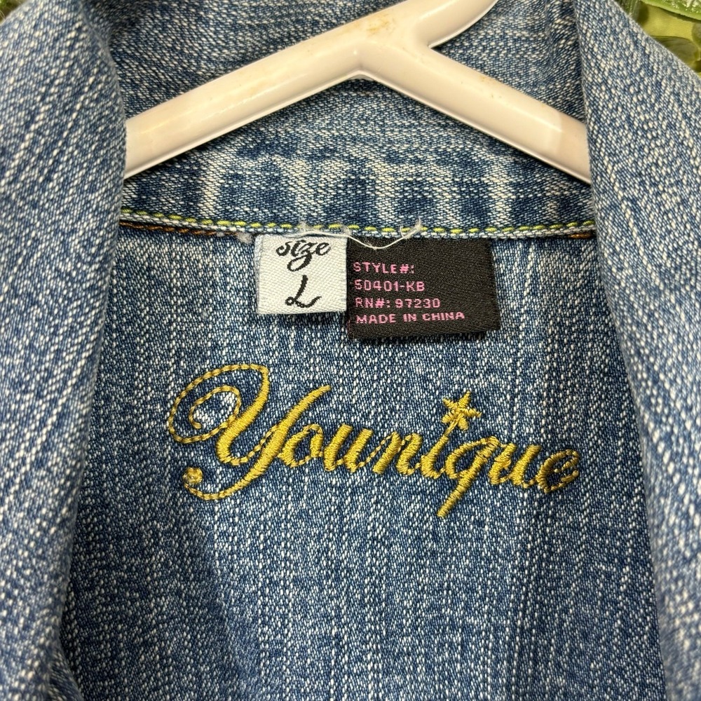 Younique Cropped Denim Jacket Junior Large Y2K Sandblasted Faded Vintage y2k - Picture 6 of 6